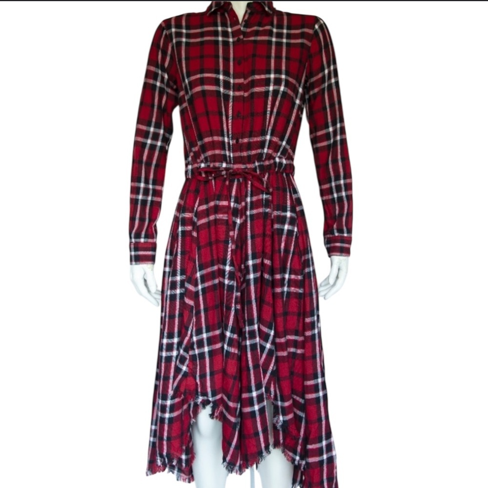 Zara Red plaid button front drawstring waist dress w/ fringe high/low hem Sz Sm